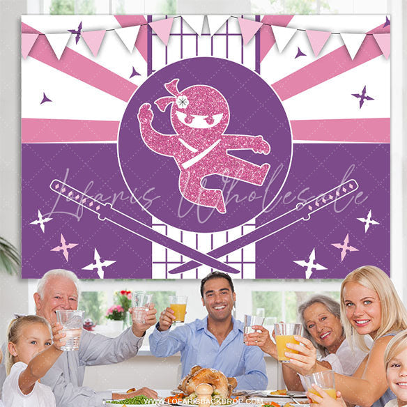 Lofaris Ninja Pink Glitter Happy Birthday Backdrop For Girls