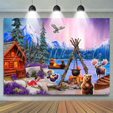 Norway Winter Forest Cabin Aurora Animal Birthday Party Backdrop