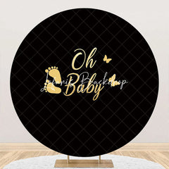 Lofaris Oh Baby Black Footprint Round Gender Reveal Backdrop