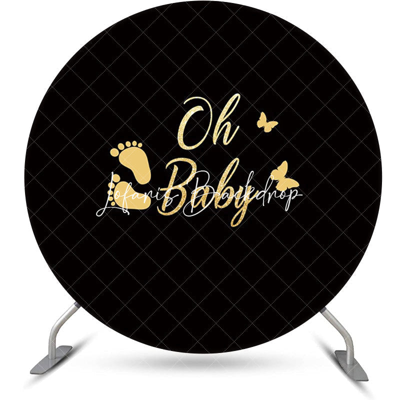 Lofaris Oh Baby Black Footprint Round Gender Reveal Backdrop