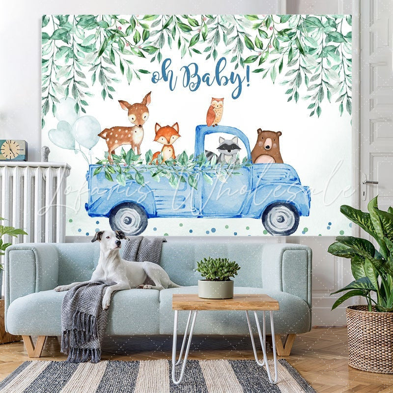 Lofaris Oh baby blue car with animals boy shower backdrop