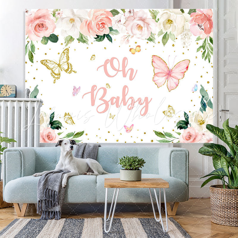 Lofaris Oh Baby Butterfly Pink Floral Gold Glitter Backdrop for Shower
