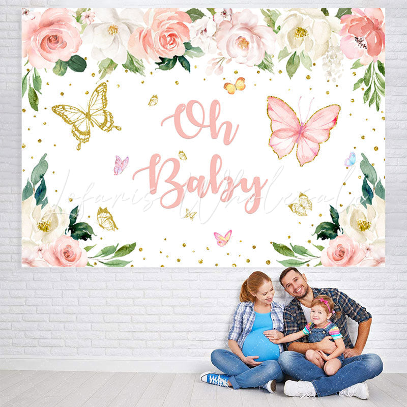 Lofaris Oh Baby Butterfly Pink Floral Gold Glitter Backdrop for Shower