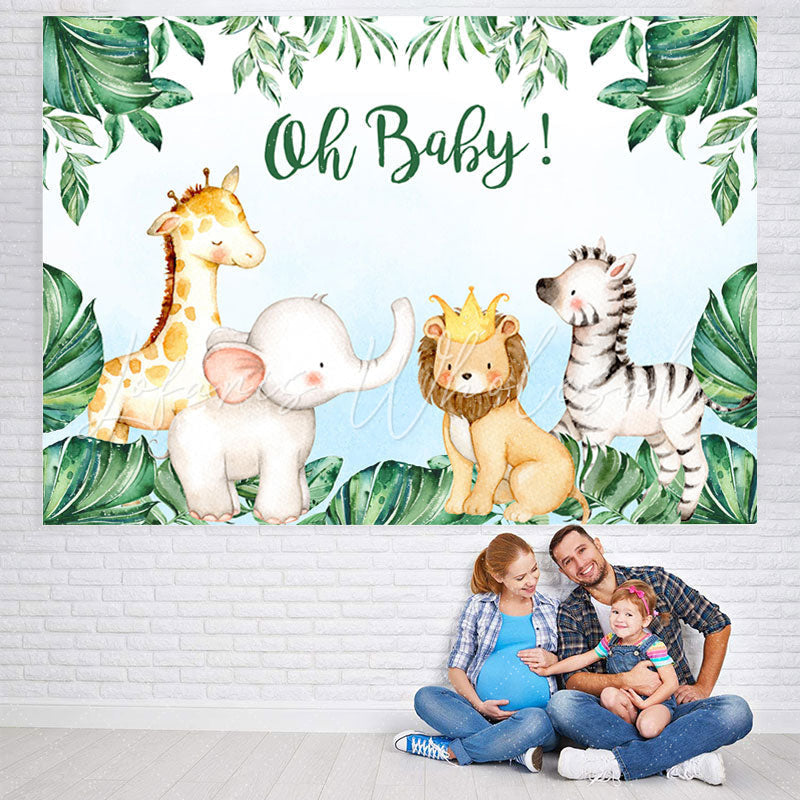 Lofaris Oh Baby Cute Animals Green Leaves Shower Backdrop
