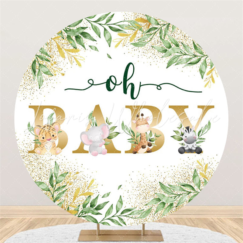 Lofaris Oh Baby Green Leaves Gold Glitter Shower Backdrop