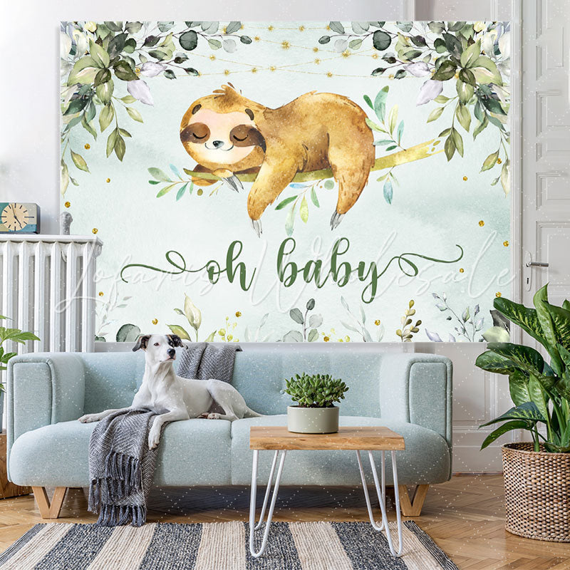Lofaris Oh Baby Green Plants and Sloths Shower Backdrop