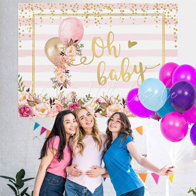 Lofaris Oh Baby Pink Floral Balloon stripe Shower Backdrop