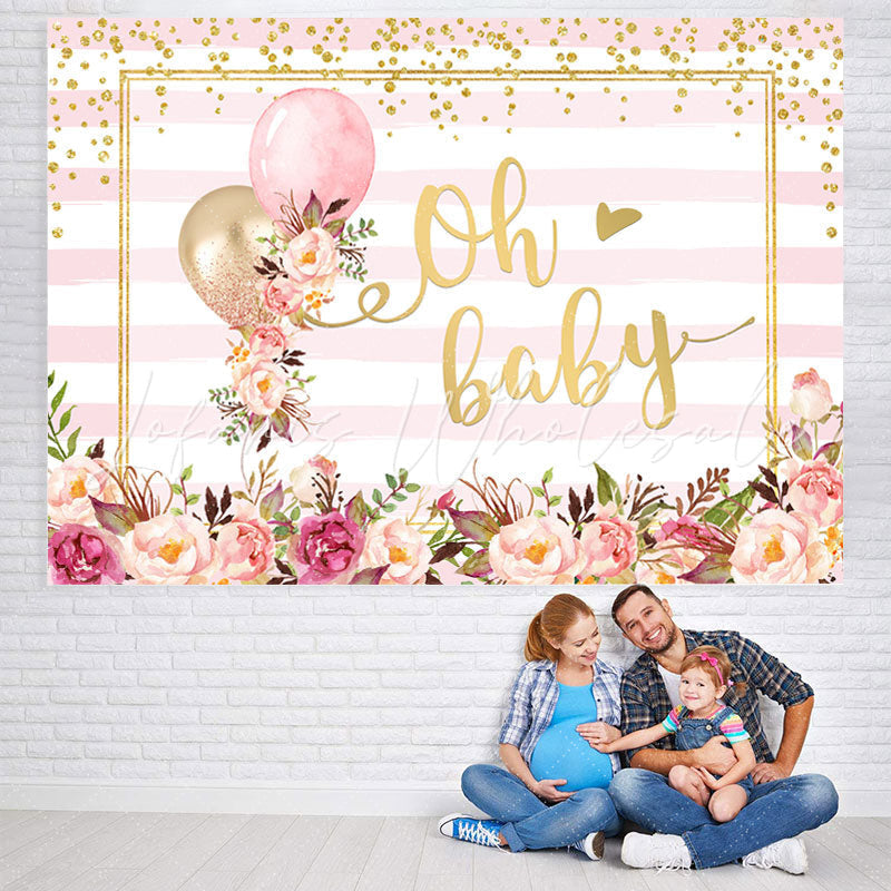 Lofaris Oh Baby Pink Floral Balloon stripe Shower Backdrop