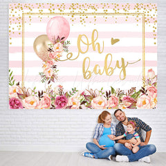 Lofaris Oh Baby Pink Floral Balloon stripe Shower Backdrop