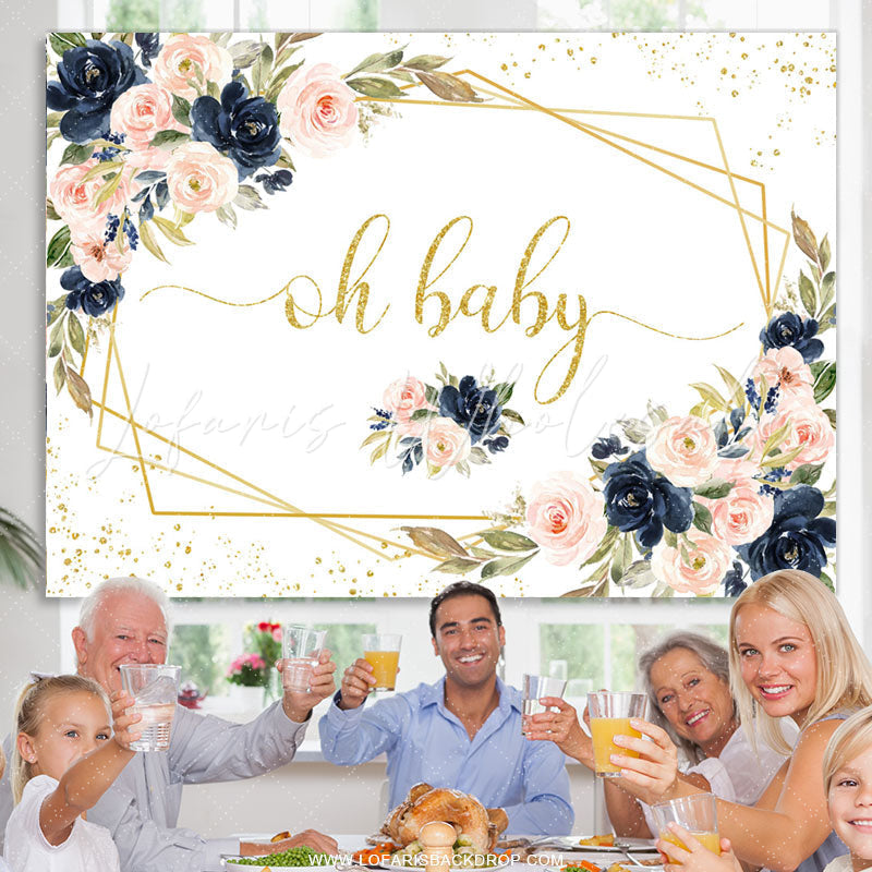 Lofaris Oh Baby Pink Floral Gold Glitter Shower Backdrop