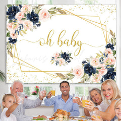 Lofaris Oh Baby Pink Floral Gold Glitter Shower Backdrop