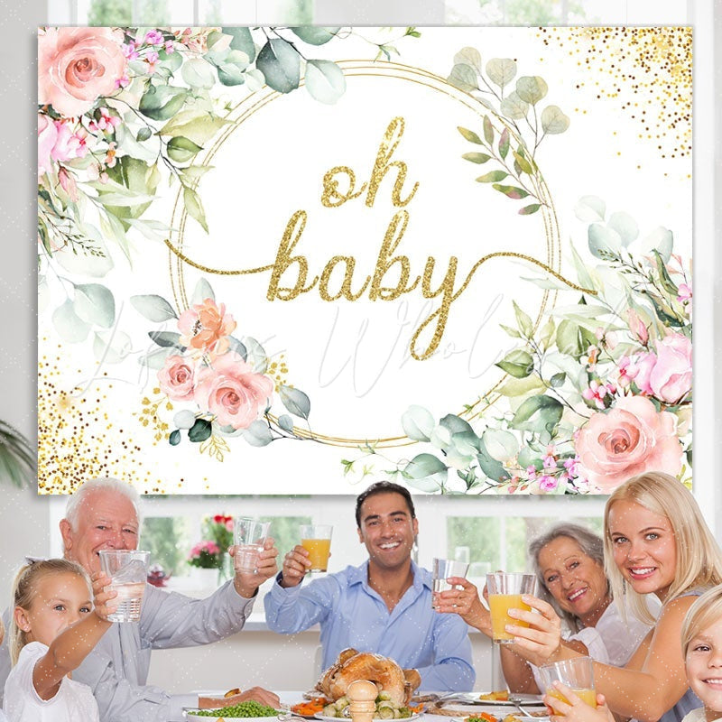 Lofaris Oh Baby Pink Flower Gold Shower Backdrop For Girl