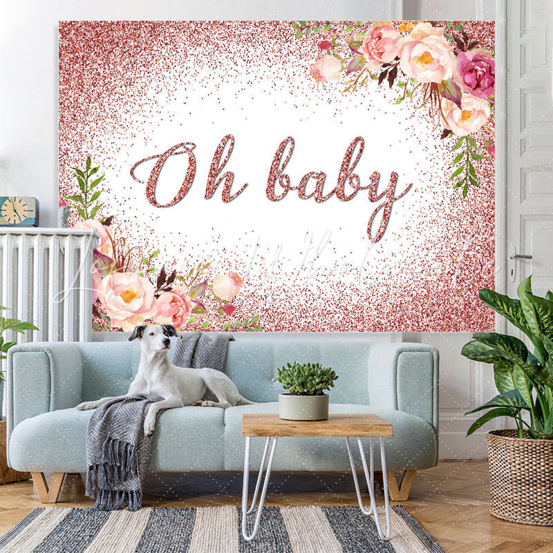 Lofaris Oh Baby Pink Glitter And Floral Shower Backdrop