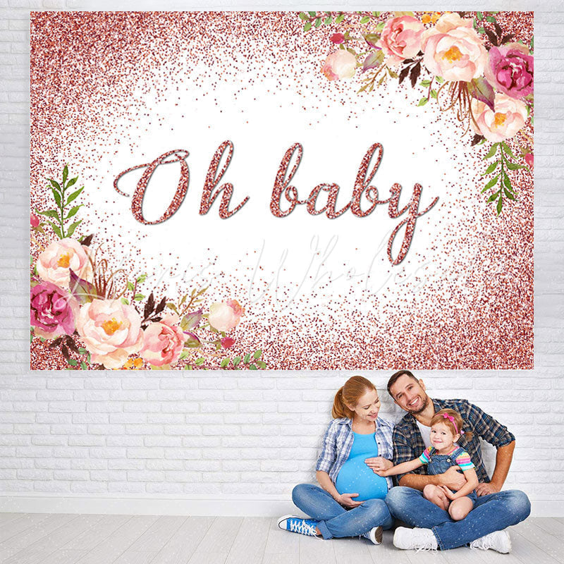 Lofaris Oh Baby Pink Glitter And Floral Shower Backdrop