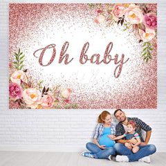 Lofaris Oh Baby Pink Glitter And Floral Shower Backdrop