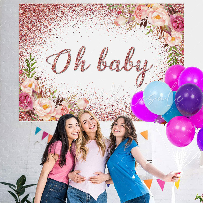 Lofaris Oh Baby Pink Glitter And Floral Shower Backdrop