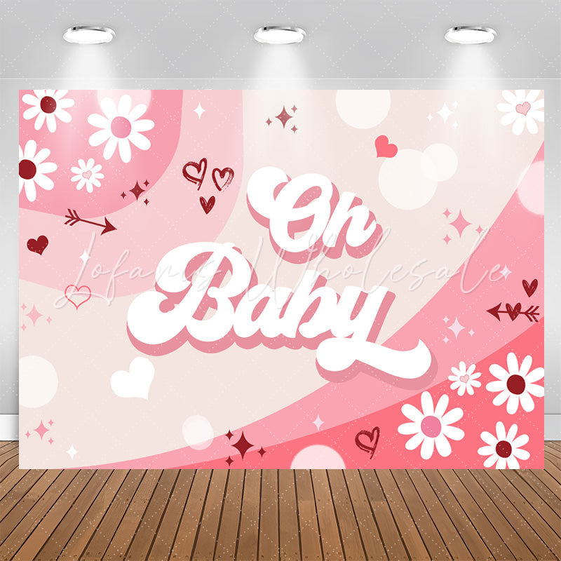 Lofaris Oh Baby Pink Groovy Flowers Gender Reveal Backdrop