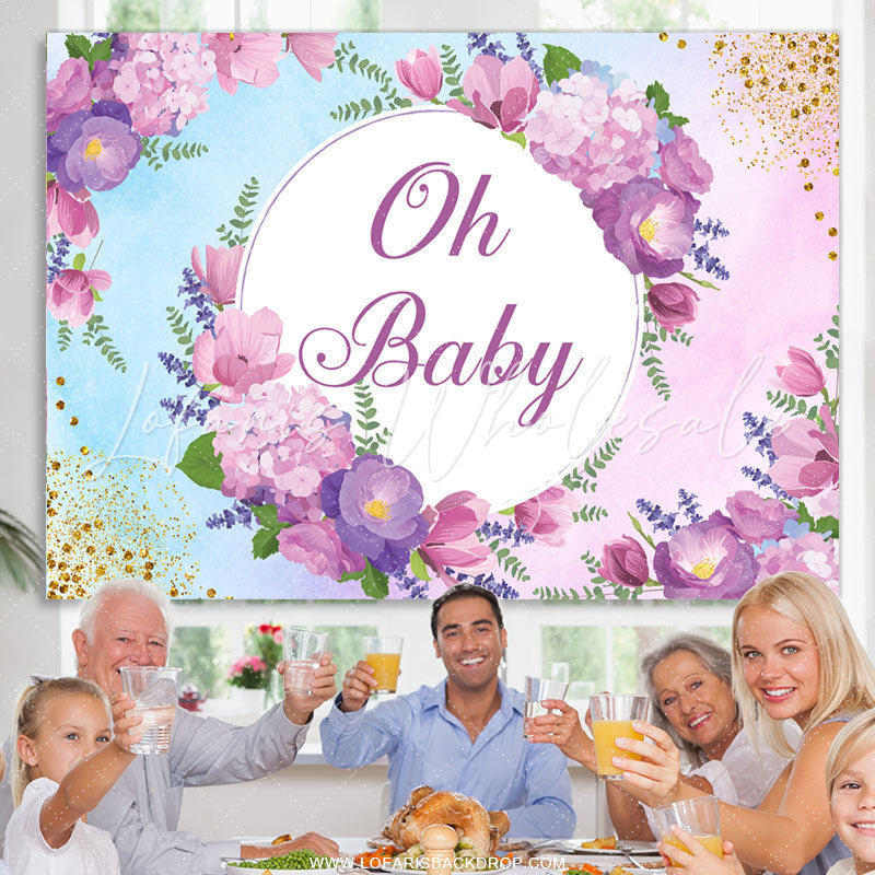 Lofaris Oh Baby Purple Floral Glitter Shower Backdrop