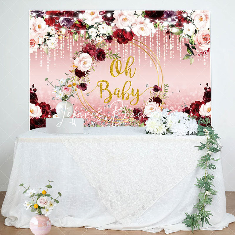 Lofaris Oh Baby Red Pink Floral Leaf Gender Reveal Backdrop