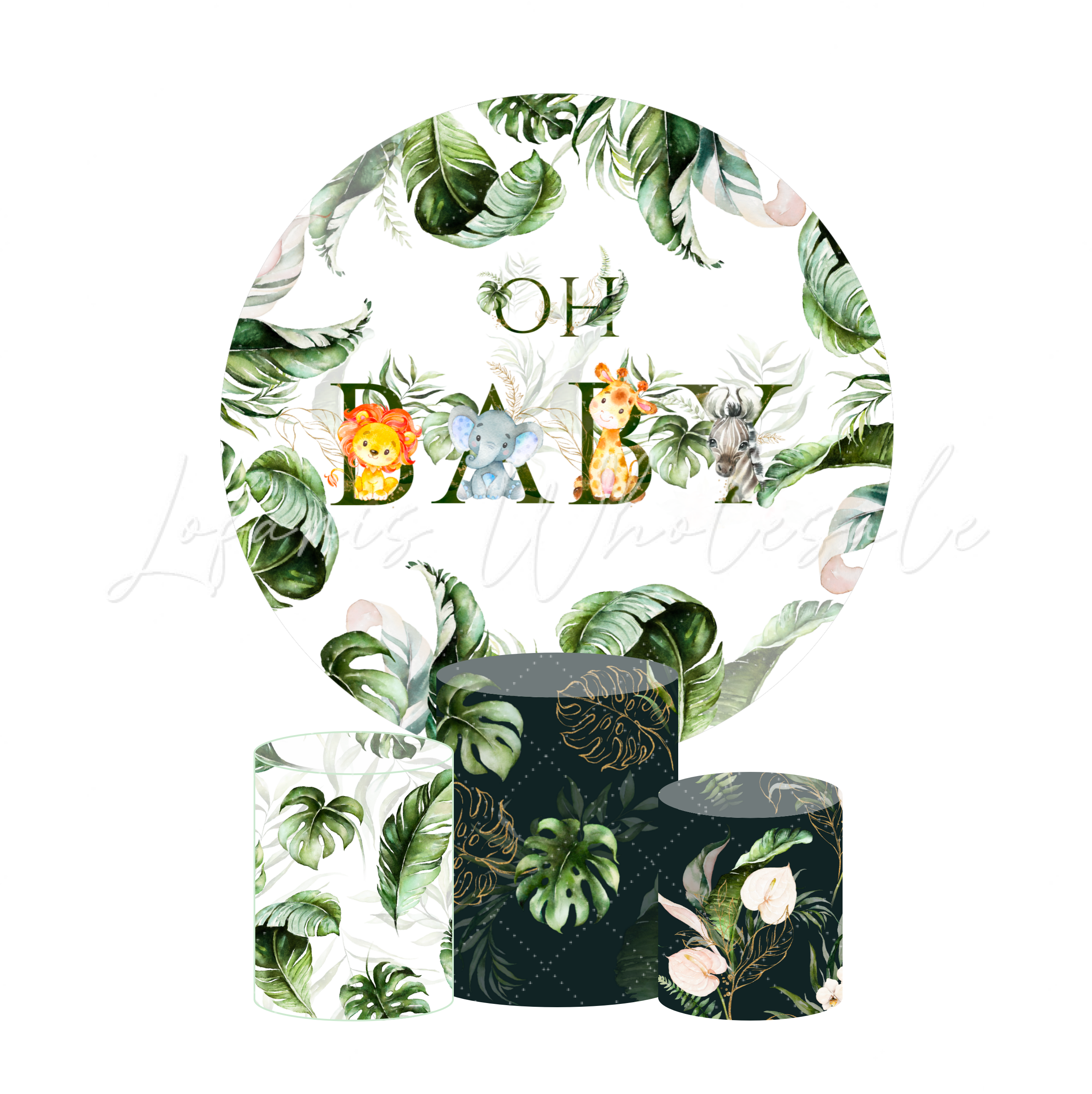 Oh Baby Safari Birthday Party Round Backdrop Cover Plinth Cylinder Pedestal Cover