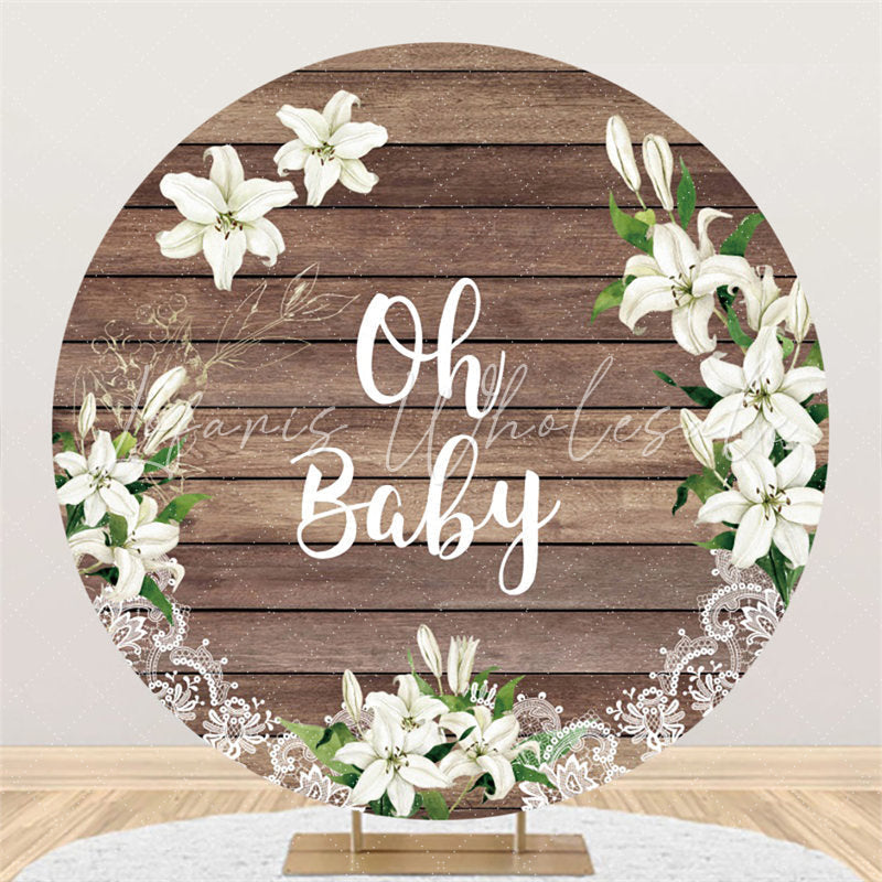 Lofaris Oh Baby White Floral Brown Wood Round Shower Backdrop