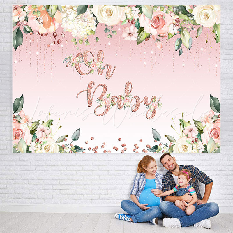 Lofaris Oh Baby White Floral Pink Glitter Shower Backdrop