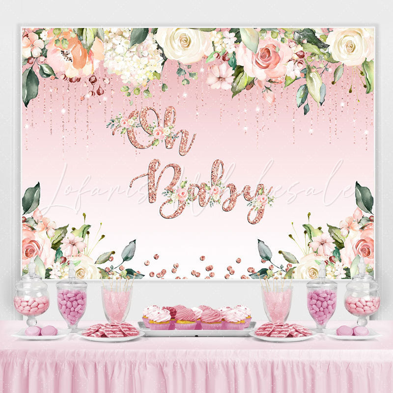 Lofaris Oh Baby White Floral Pink Glitter Shower Backdrop