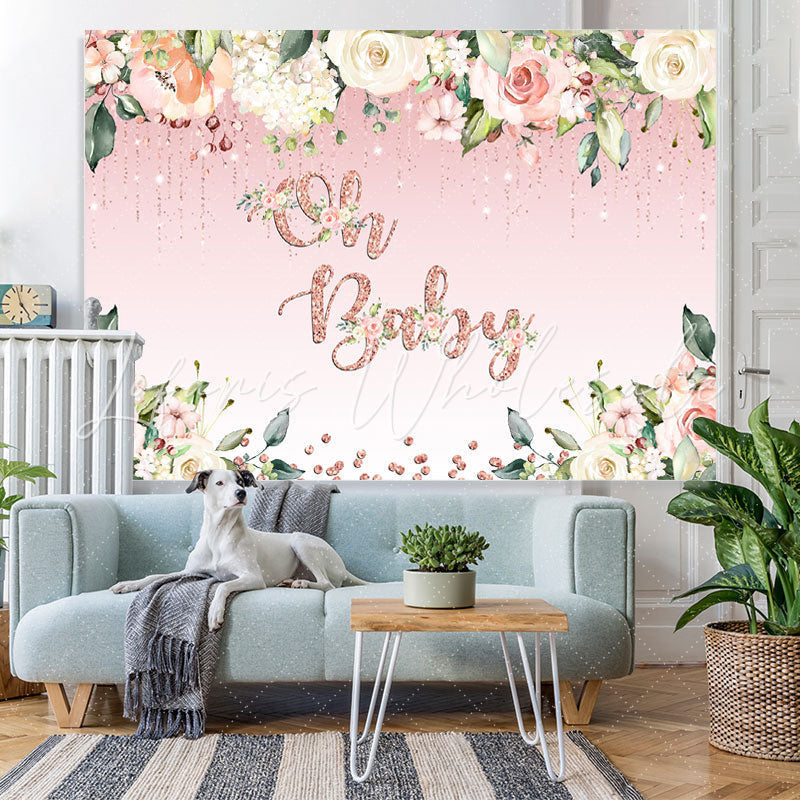 Lofaris Oh Baby White Floral Pink Glitter Shower Backdrop