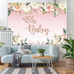 Lofaris Oh Baby White Floral Pink Glitter Shower Backdrop