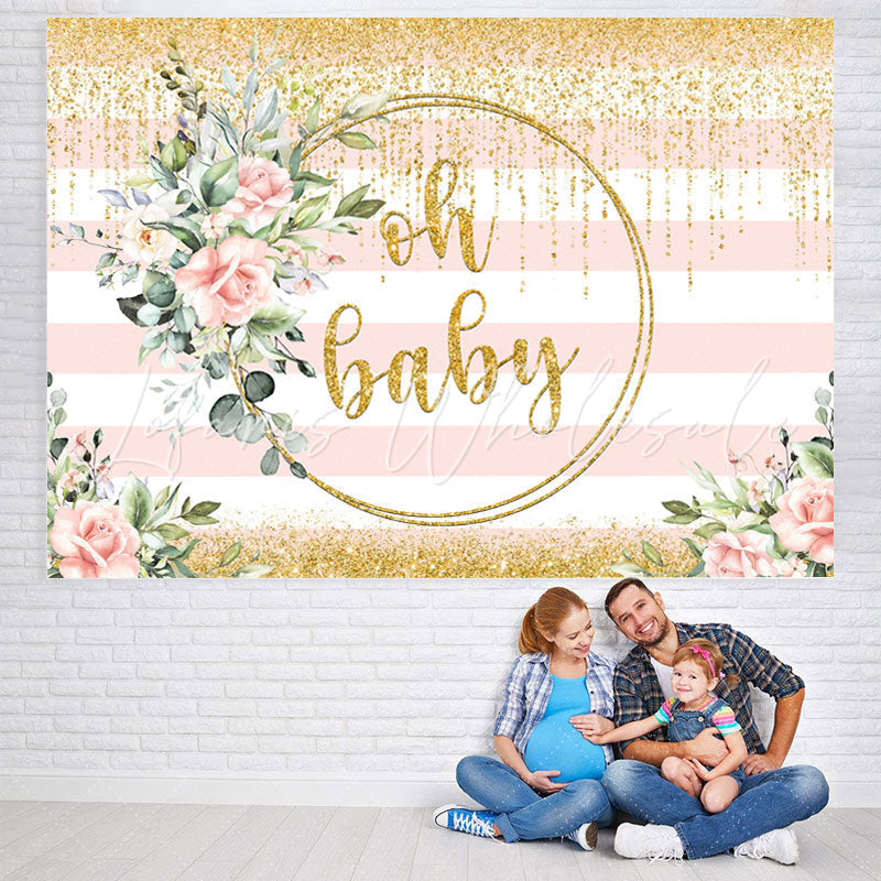 Lofaris Oh Baby White Stripes Glod Bokeh Shower Backdrop