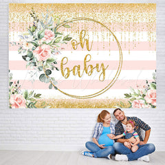 Lofaris Oh Baby White Stripes Glod Bokeh Shower Backdrop