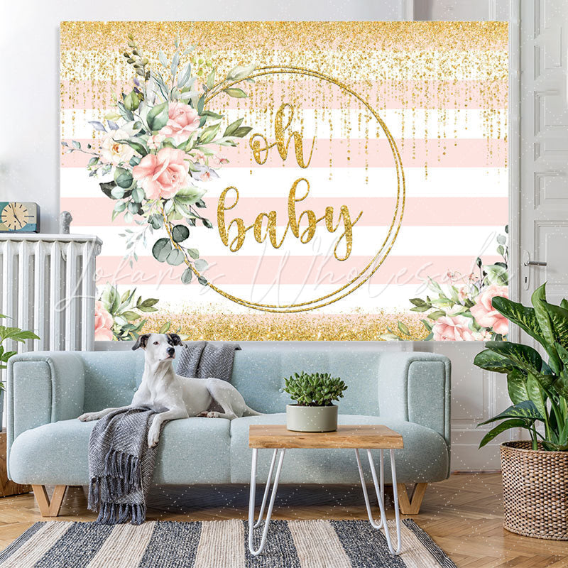 Lofaris Oh Baby White Stripes Glod Bokeh Shower Backdrop