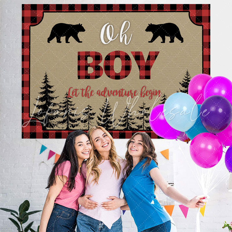 Lofaris Oh Boy Adventure Bears Forest Red Plaid Baby Shower Backdrop