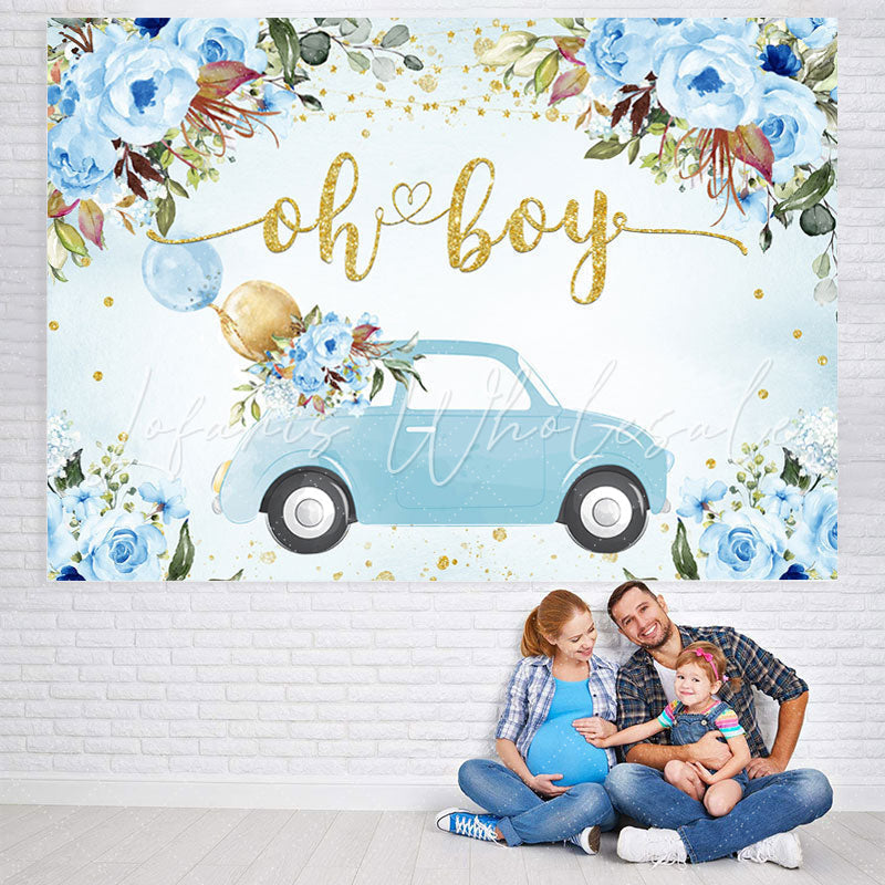 Lofaris Oh Boy Blue Car and Balloon Floral Baby Shower Backdrop