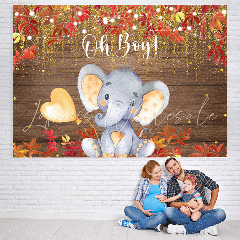 Lofaris Oh Boy Elephant Red Leaves Gold Glitter Baby Shower Backdrop