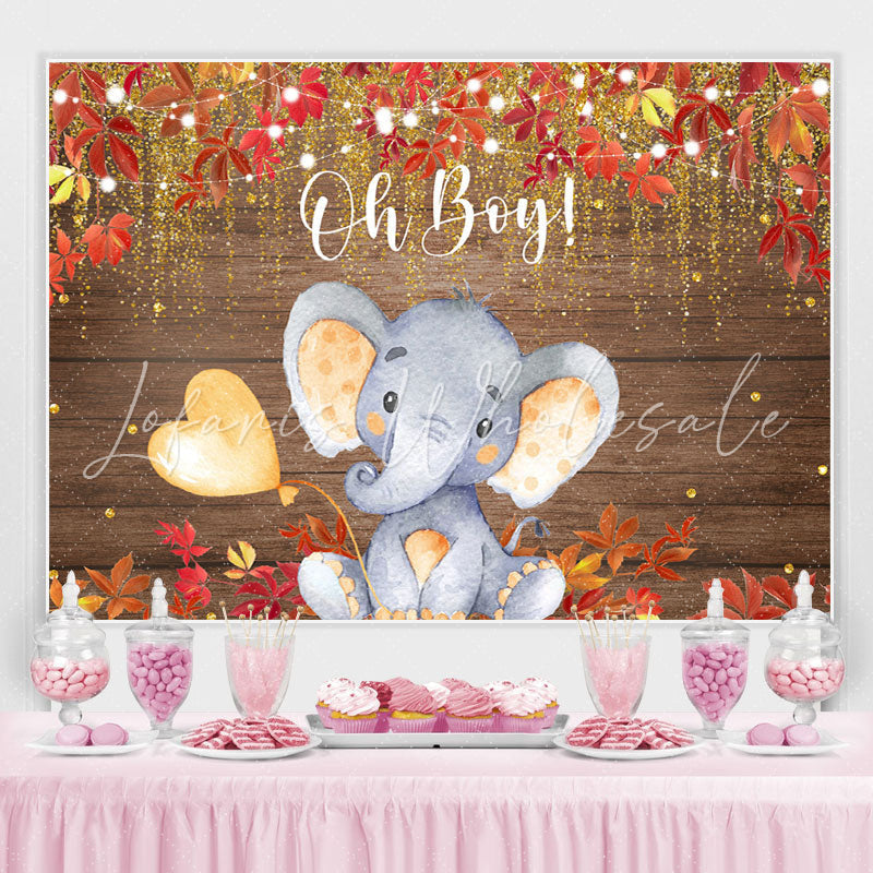 Lofaris Oh Boy Elephant Red Leaves Gold Glitter Baby Shower Backdrop