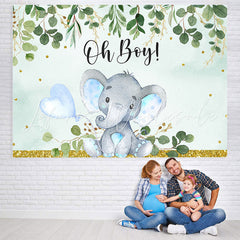 Lofaris Oh Boy Green Leaves Blue Elephent Baby Shower Backdrop