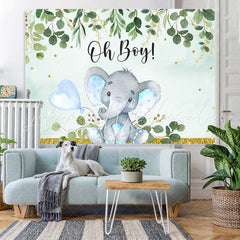 Lofaris Oh Boy Green Leaves Blue Elephent Baby Shower Backdrop