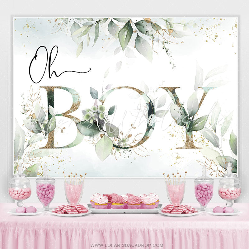 Lofaris Oh Boy Green Leaves Gold Boho Baby Shower Backdrop