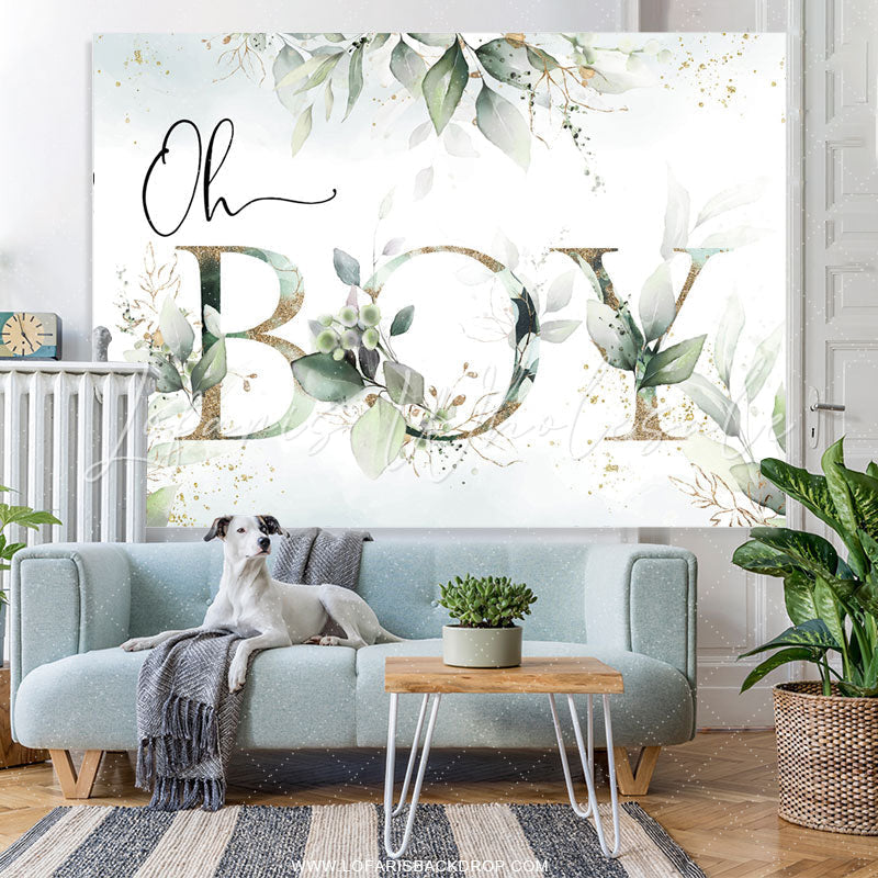 Lofaris Oh Boy Green Leaves Gold Boho Baby Shower Backdrop