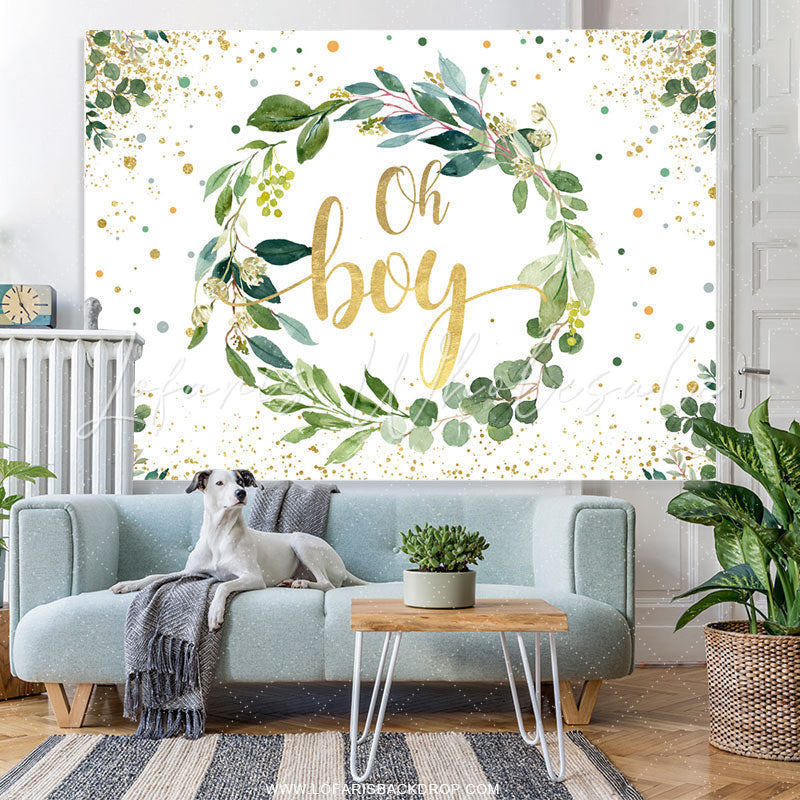 Lofaris Oh Boy Green Leaves Gold Glitter Baby Shower Backdrop