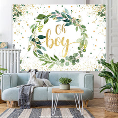 Lofaris Oh Boy Green Leaves Gold Glitter Baby Shower Backdrop