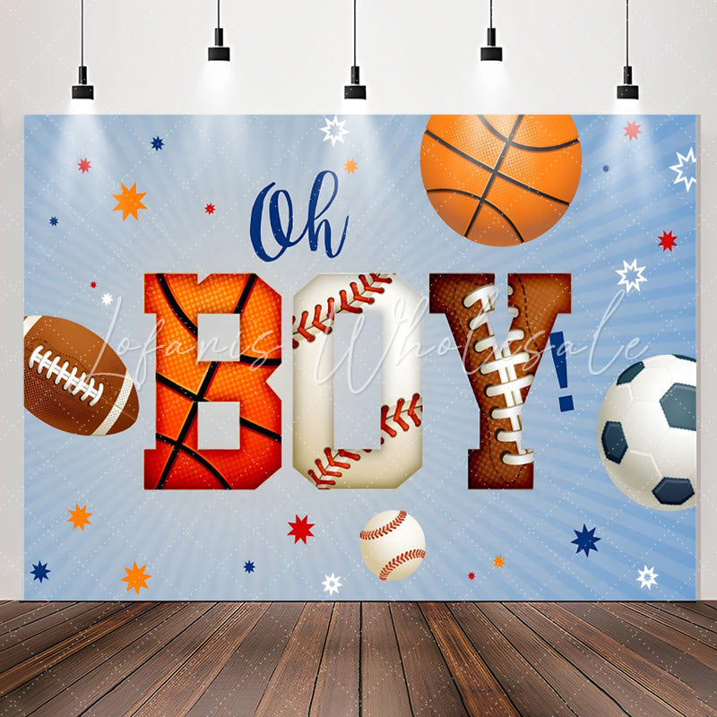 Lofaris Oh Boy Sports Balls Blue Stripe Baby Shower Backdrop