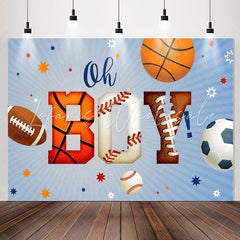 Lofaris Oh Boy Sports Balls Blue Stripe Baby Shower Backdrop
