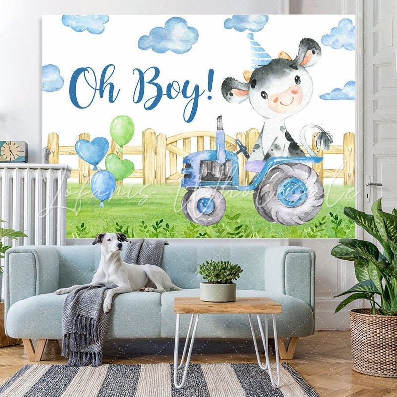 Lofaris Oh Boy Tractor Bull In Garden Baby Shower Backdrop