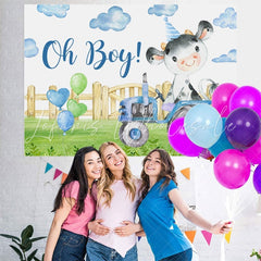 Lofaris Oh Boy Tractor Bull In Garden Baby Shower Backdrop