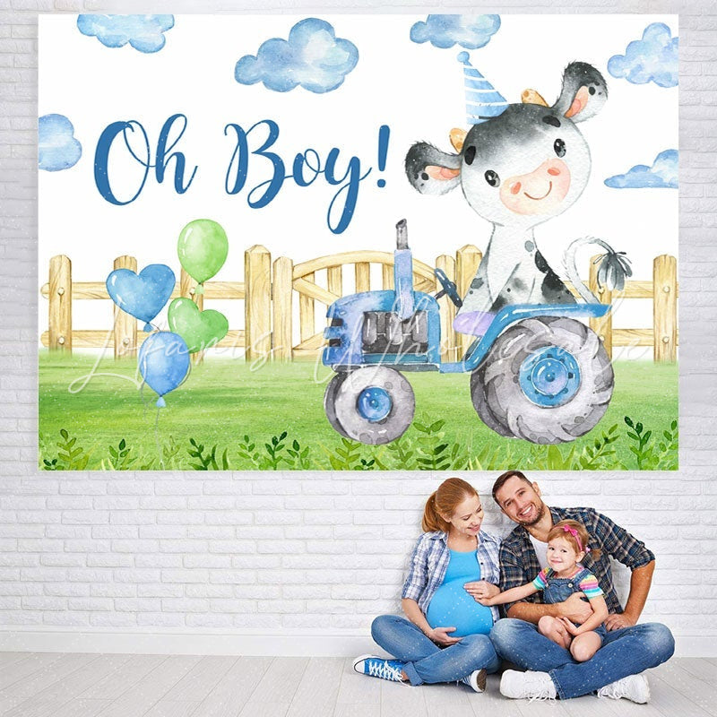 Lofaris Oh Boy Tractor Bull In Garden Baby Shower Backdrop