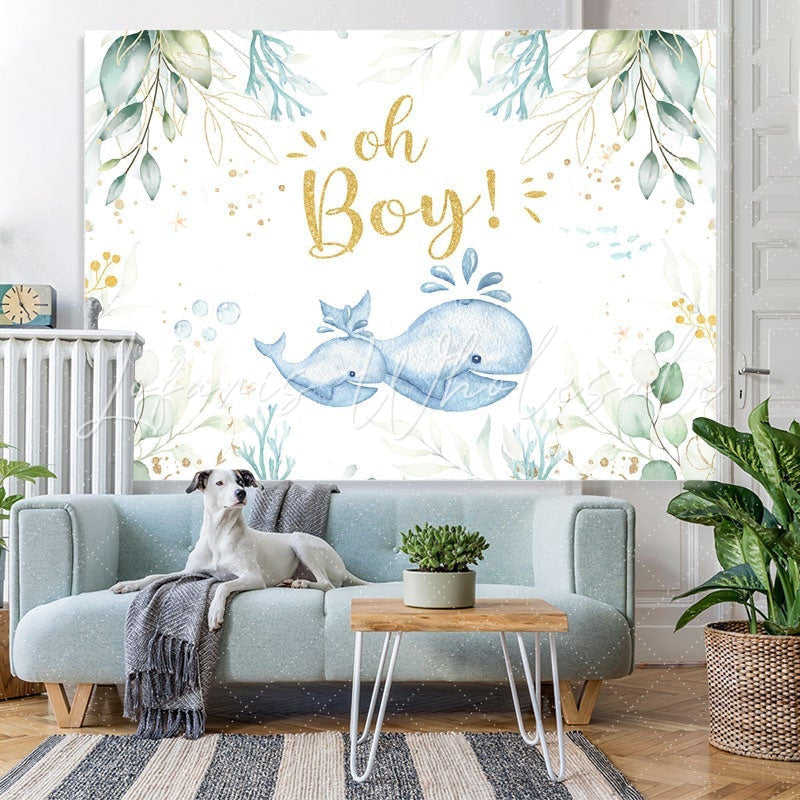 Lofaris Oh Boy Whale Green Photoshoot Backdrop for Baby Shower
