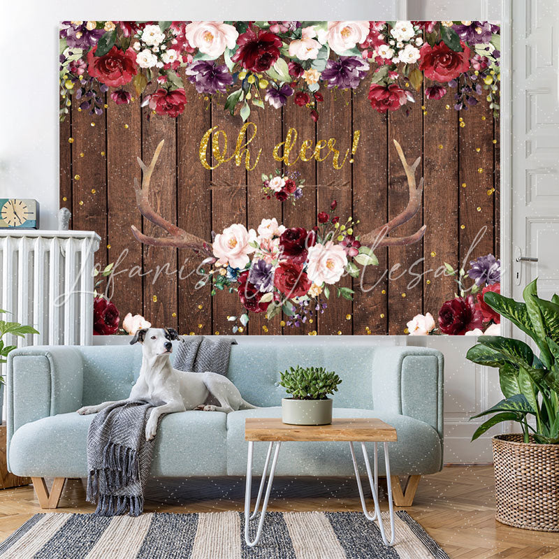 Lofaris Oh Deer Burgundy Floral Antler Baby Shower Backdrop