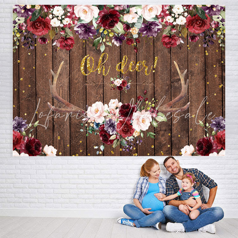 Lofaris Oh Deer Burgundy Floral Antler Baby Shower Backdrop